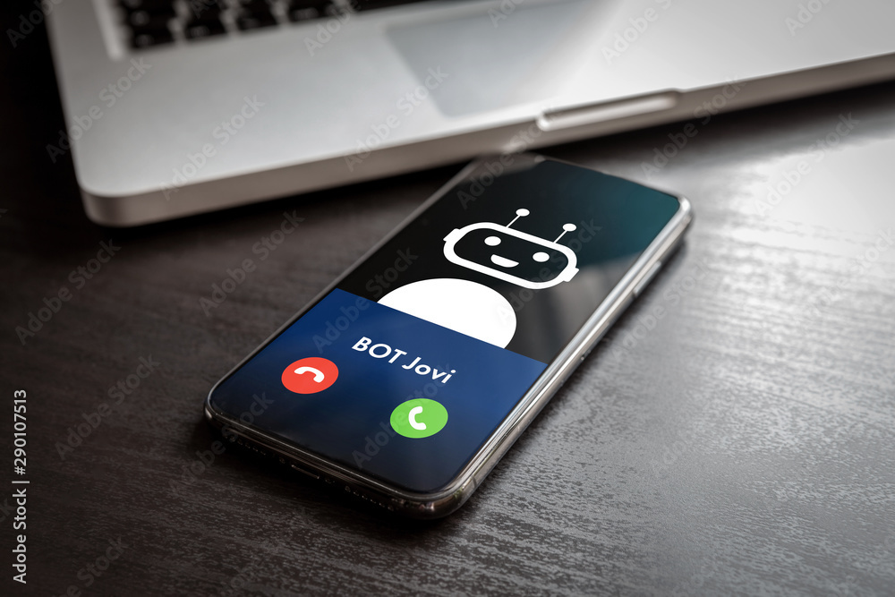 Poster voice bot calling to user phone. cute smiling robot wait answer to call. ai support voice recognitio