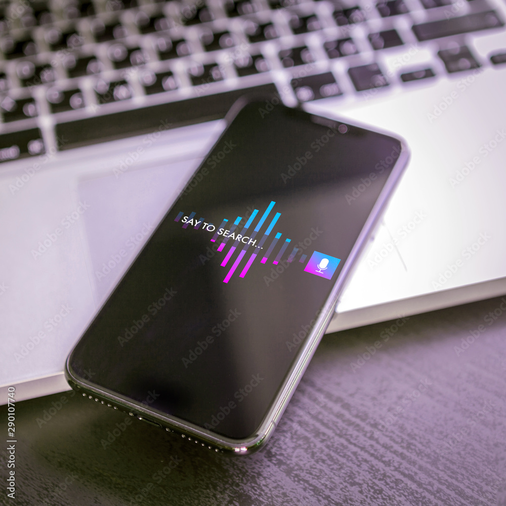 Poster voice search technology concept, sound recognition, speech detect application. close-up smartphone a