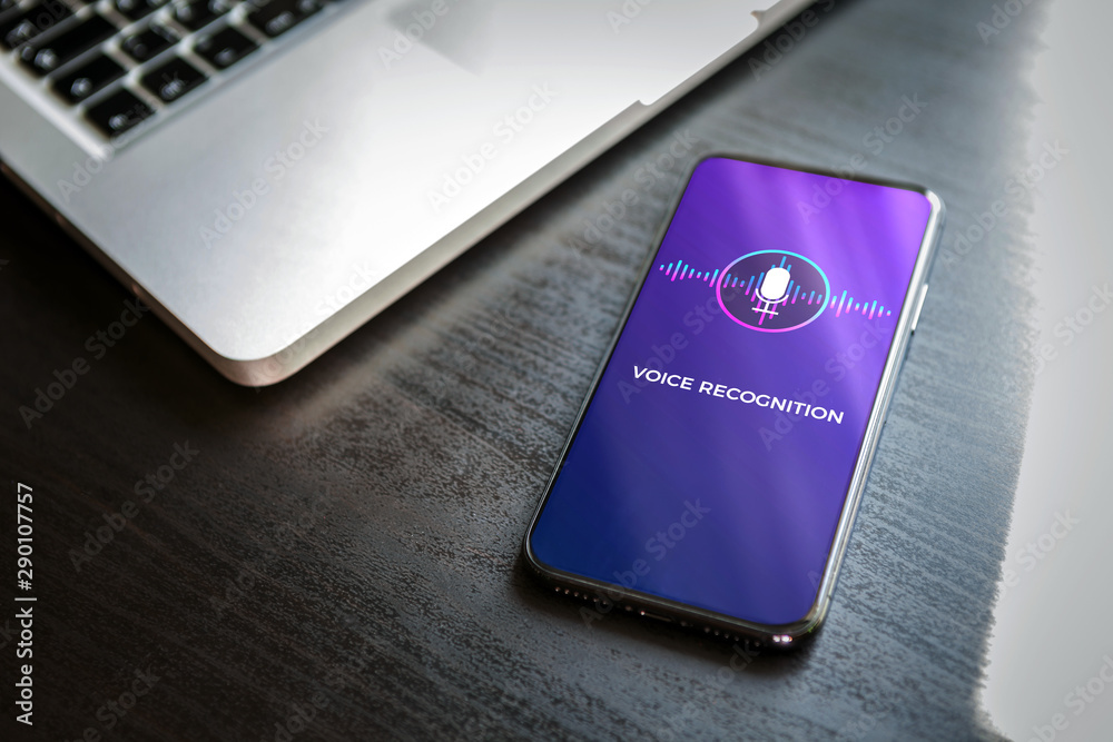 Poster voice recognition ai audio technology concept. close-up smart mobile phone with a microphone and a w