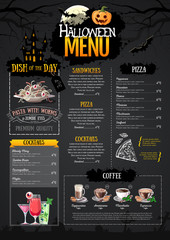Fototapeta premium Halloween menu design with jack o lantern. Restaurant menu