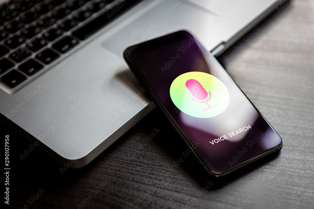 Poster voice search technology concept. close-up siri sound recognition system, speech detect and deep lear