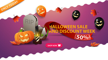 Halloween sale and discount week, up to 50% off, pink banner with tombstone, pumpkin Jack, Halloween balloons, autumn leafs and red ribbon with discount offer