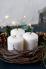 Christmas Candles. Christmas decoration on the table.