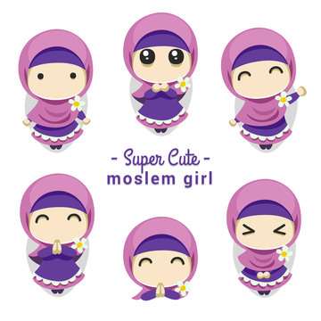 Vector Cute Cartoon Moslem Girl In Hijab Child Baby Style