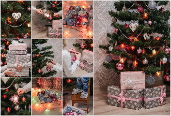 Fototapeta na wymiar Christmas collage. Set of multiple photos with Christmas decor. Candles, gifts, cones.
