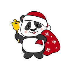 Merry Christmas and Happy New Year Panda Bear With Christmas Bell and Gift Bag. Vector Illustration.
