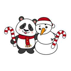 Merry Christmas and Happy New Year Panda Bear and Snowman with Candy Cane. Vector Illustration.