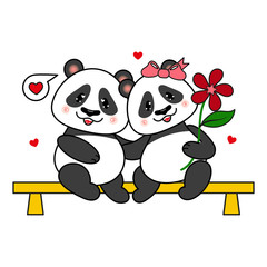 Happy Panda Bear Love Couple. Vector Illustration.