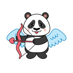 Happy Valentines Day Panda Bear In a Cupid Costume With a Bow and and a Love Arrow. Vector Illustration.