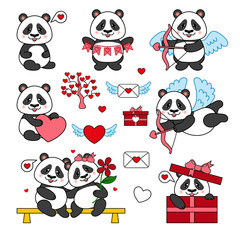 Happy Valentines Day Panda Bear Love Set. Vector Illustration.