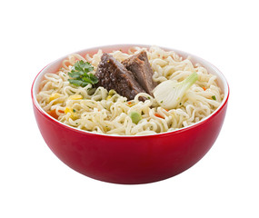 instant noodles with meat in a red bowl, insulated. for cut out. fast food