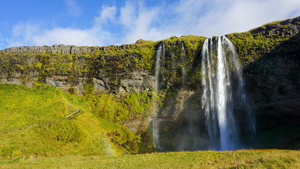 Beautiful Seljalandsfoss one of famous waterfall in Iceland and sunny day and blue sky in summer. - 290110534