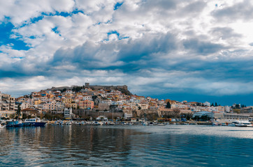 Fototapeta na wymiar Amazing view of kavala, the picturesque city of north Greece, situated on the bay of Kavala,looking at the aegean sea.