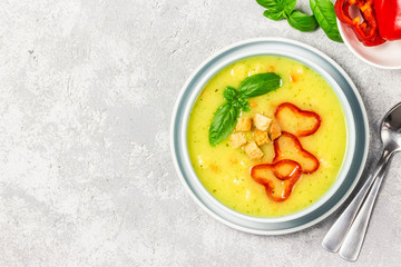 Pea soup with croutons. top view, space for text.