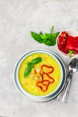 Pea soup with croutons. top view, space for text.