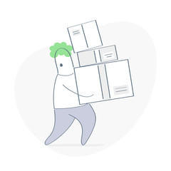 Storage mover helping moving, delivering, carrying cardboard boxes. Flat outline vector illustration of moving, transportation, courier service.