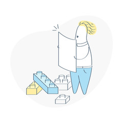 Building from constructor cubes, building from blocks and tiles, colored toy bricks. Businessman engaged in planning and construction.Project development, creative design concept. Light outline vector