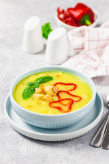 Pea soup with paprika, croutons. Selective focus, space for text.