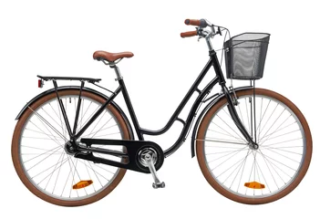 Acrylic prints Bike Urban City Bike Woman Bicycle With Carrier and Basket