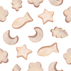 Wallpaper with cute homemade cookies. Beautiful delicate seamless pattern. Cozy pastries on a white background. Acrylic painting. Gingerbread cookies of different shapes.