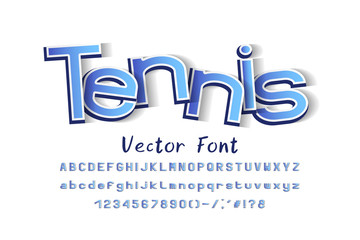 Modern vector font. Capital and small English alphabet letters, numbers, marks. 3D condensed typeface, blue gradient color. Elegant typography for tennis sports design
