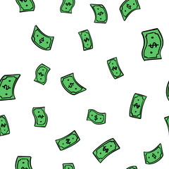 Dollar bills flying, doodle sketch. Hand drawn money falling. Seamless texture pattern.