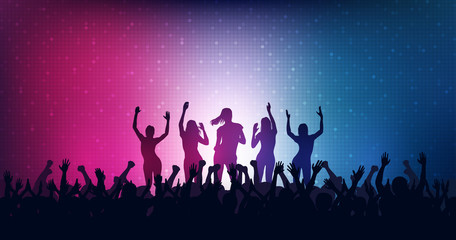 Silhouette of people raise hand up in concert with female dancing on stage and digital dot pattern on blue and red color background