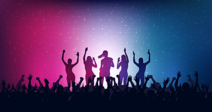 Silhouette of people raise hand up in concert with female dancing on stage and digital dot pattern on blue and red color background