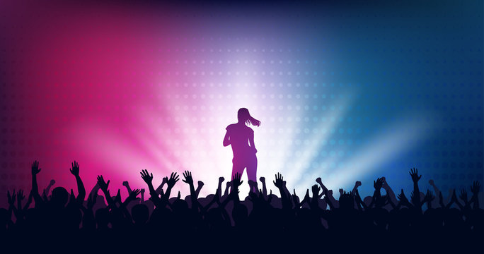 Silhouette of people raise hand up in concert with woman singer on stage and digital dot pattern on blue red color background