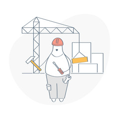 Engineer, professional builder with tools or construction worker working at building construction area. Flat line vector illustration on white.