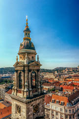 Fototapeta na wymiar Bell tower of St. Stephen's Basilica and panorama of Budapest, aerial view