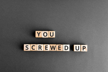 You screwed up - phrase from wooden blocks with letters,  doing something stupid concept,  grey...