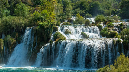 Obraz premium The main waterfall of Krka National Park, Croatia. The effect of frozen water.