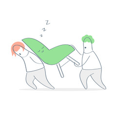 Movers or loader workers help with cargo,  two movers carrying an arm chair. Home moving and delivery. Cute flat outline vector on white background.