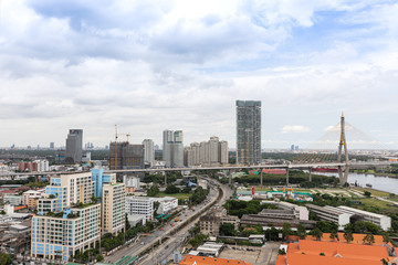 Naklejka premium Bangkok, THAILAND 23- AUG, 2019: scenic of panorama view on river and Rama 9 Bridge. Bangkok Thailand
