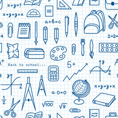School, office seamless pattern for web pages, mobile applications. Stationery items: notebook, pen, numbers, graph, cell.