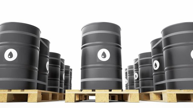 Many black metal barrels with an oil symbol are placed on wooden pallets. Stack of fuel tanks on white background. Camera dolly movement, low viewpoint. Loopable endless 60 fps 3d cgi animation.