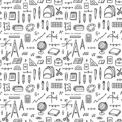 School, office seamless pattern for web pages, mobile applications. Stationery items: notebook, pen, numbers, graphl.