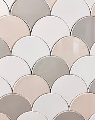 real photo of white, beige gray tiles Seamless surface design with fish scales ornament. Oriental traditional pattern with repeated mosaic. Tracery window wallpaper.  © Алена Ган