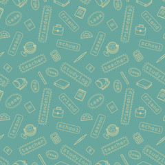 School, office seamless pattern for web pages, mobile applications. Image of stationery items and stripes with text.