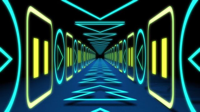Technological multi-colored retro tunnel consisting of buttons of an audio player