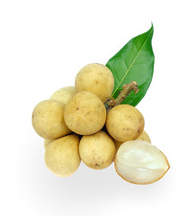 A bunch of longkong, one that is peeled and leaves. isolated on white background, with clipping path, Lansium domesticum or Lanzones tropical fruit