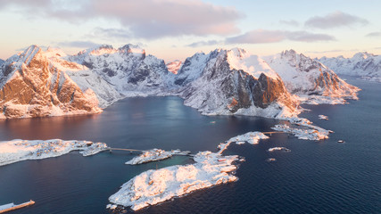  The Lofoten archipelago is an archipelago in Norway. Is a village with beautiful scenery. Shot from a high angle with a drone. top view.