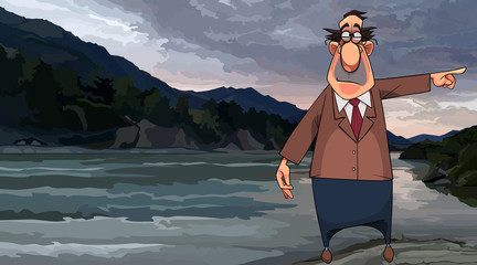 cartoon man points a finger to the side while standing by the river