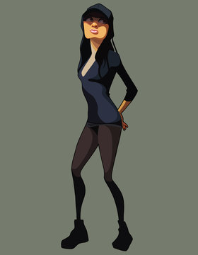 cartoon girl in dark clothes looking up thoughtfully
