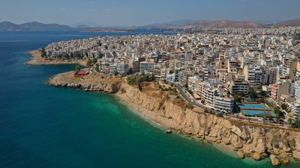 Fototapeta premium Aerial drone photo of famous seaside area of Piraeus - Piraiki or Freatida, Attica, Greece