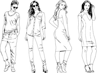 vector drawings on the theme of beautiful slim sporty girl in casual clothes in various poses painted ink hand sketch with no background	