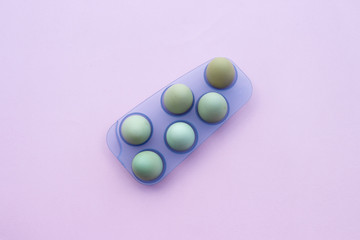 Close-up view of raw chicken eggs.Top view of eggs in bowl. Copy space.