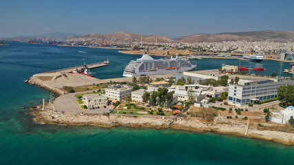 Aerial drone panoramic photo of busy port of Piraeus, the largest in Greece and one of the largest...