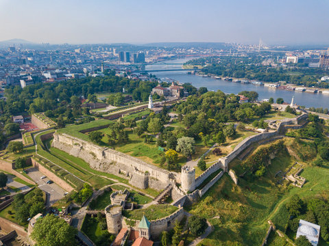 Aerial view to Kalemegdan fortress at Belgrade. Summer photo from drone. Serbia
